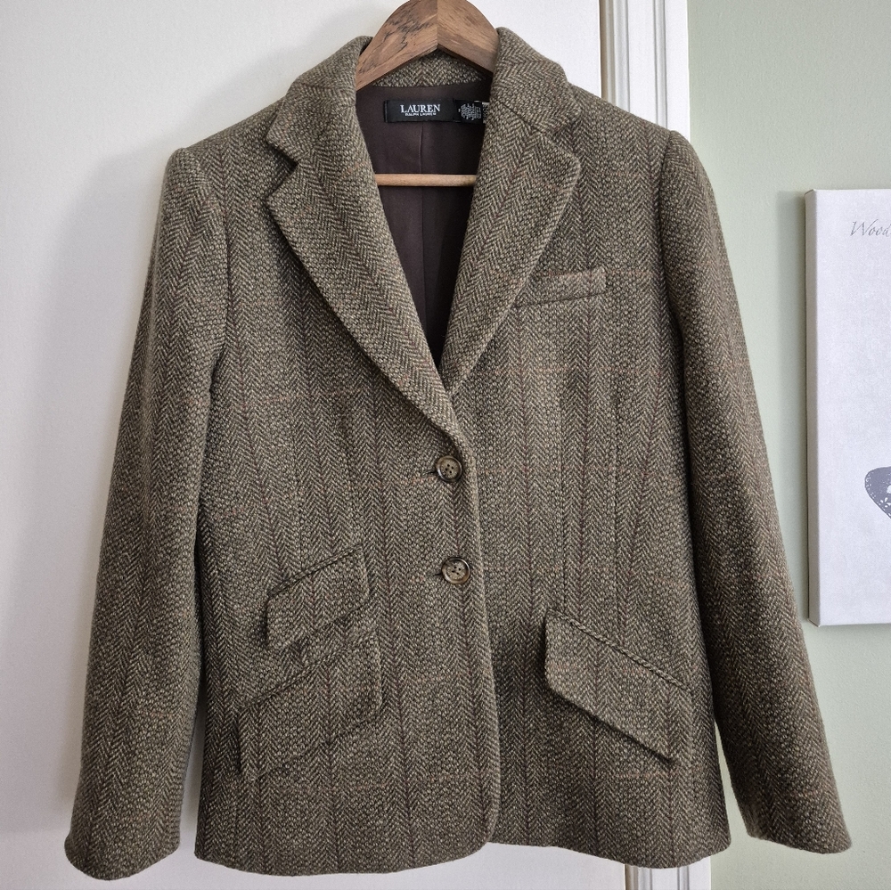 Quiet Luxury Princess-Seamed WASHABLE Ralph Lauren Olive Tweed Blazer, EUC, 6P